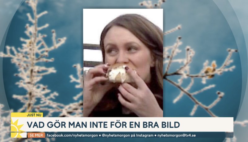 Maria Snellmann äter en semla – för en bra bild. Skärmavbild: TV4 Maria Snellmann äter en semla – för en bra bild. Skärmavbild: TV4